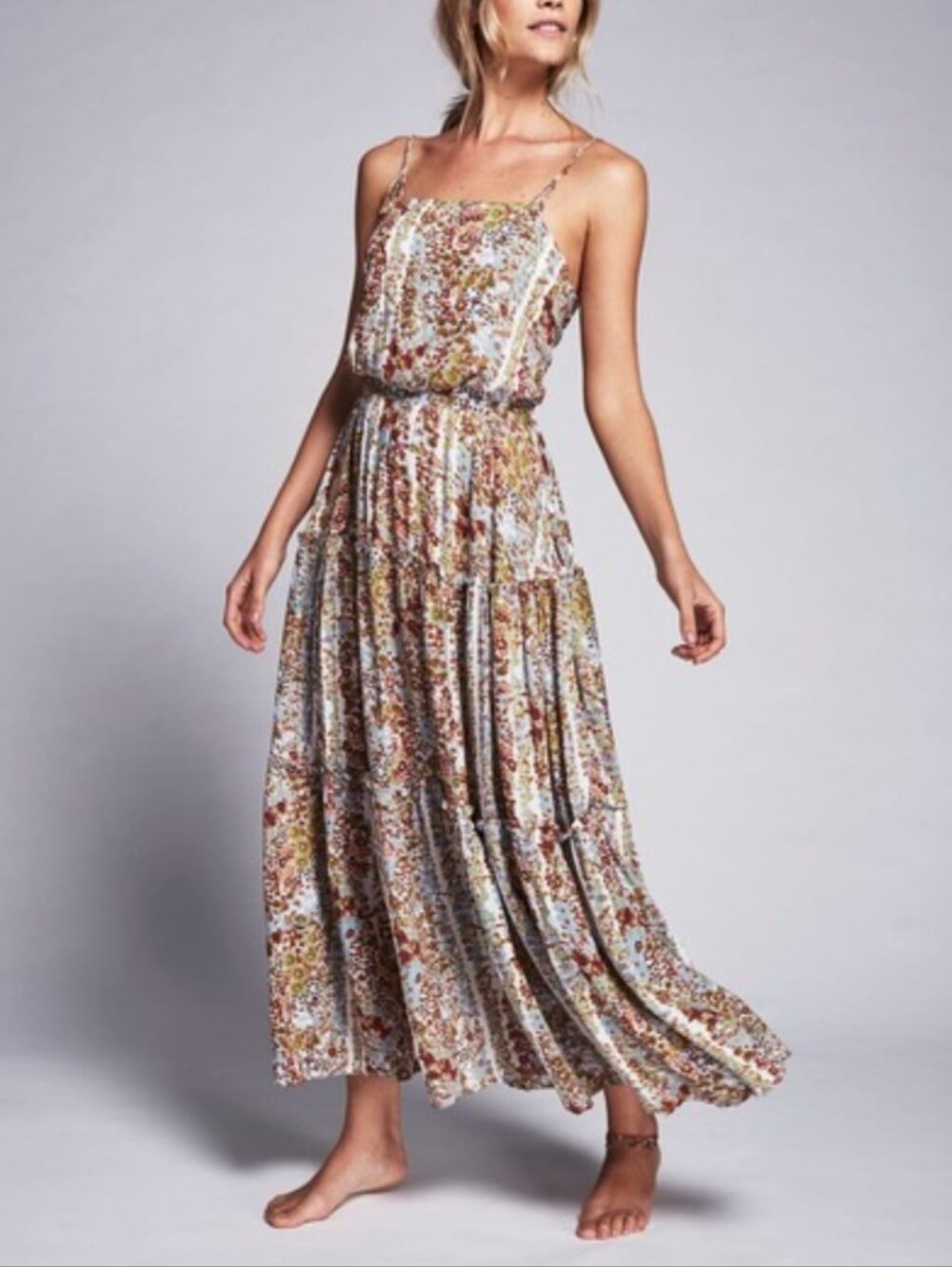 Free People Valerie Floral Tiered Maxi Dress in White, Brown & Rust